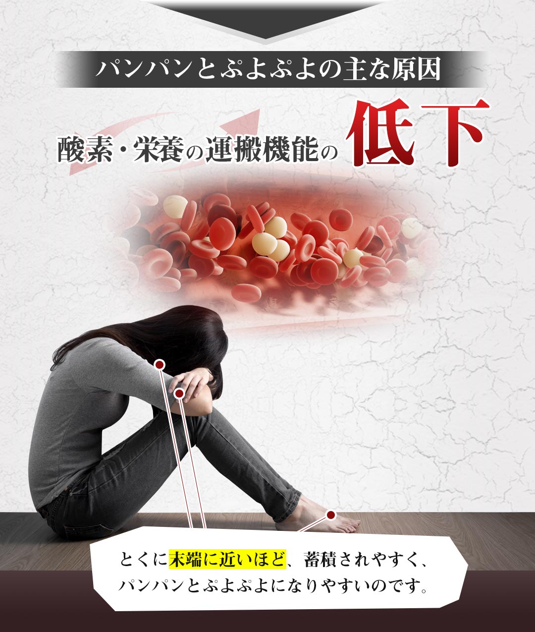 パンパンとぷよぷよの主な原因 血の巡りの低下 とくに末端に近いほど、蓄積されやすく、パンパンとぷよぷよになりやすいのです。