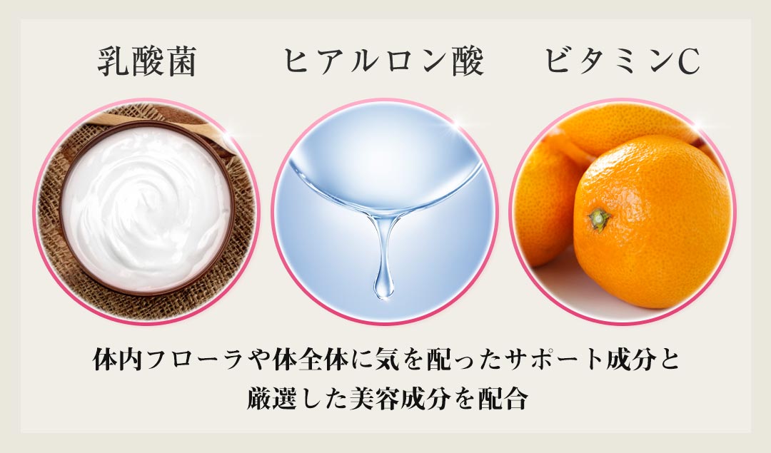 乳酸菌 ヒアルロン酸 ビタミンC 腸内フローラを整える乳酸菌、潤いのあるなめらかな肌へと 導くヒアルロン酸・ビタミンCを配合。